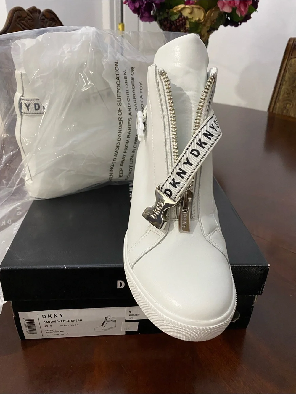DKNY White Leather Wedge Sneaker Boot with Branded Strap